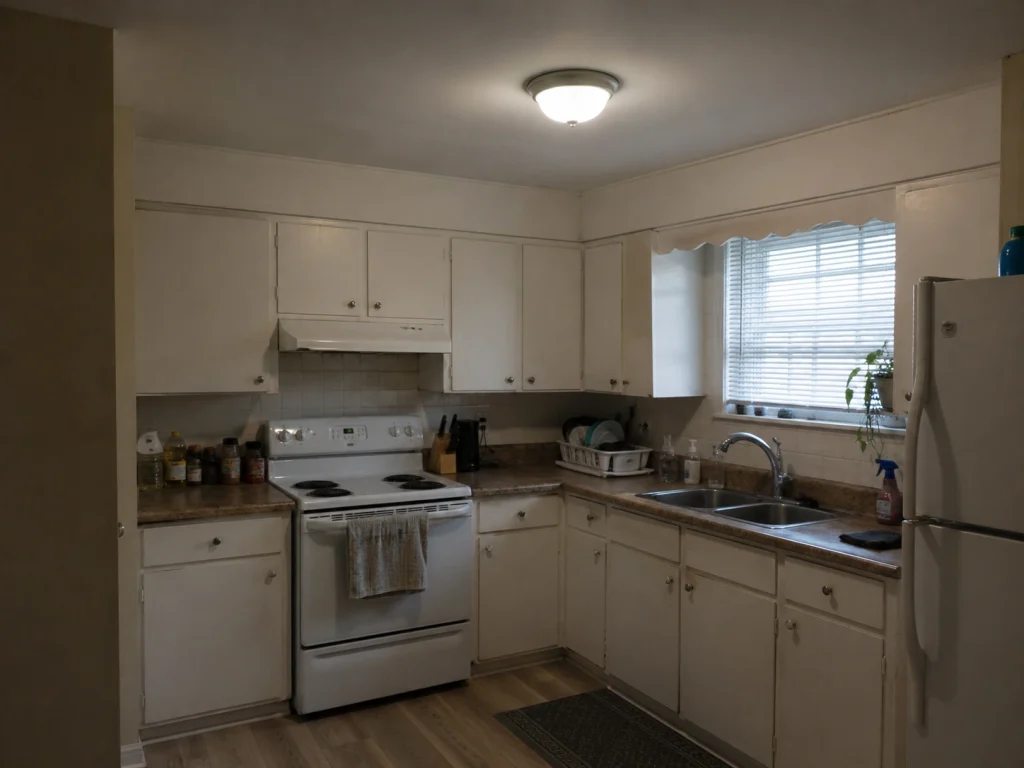 Dim Cambridge kitchen with soft shadows around the counters, sink, and cooking area.