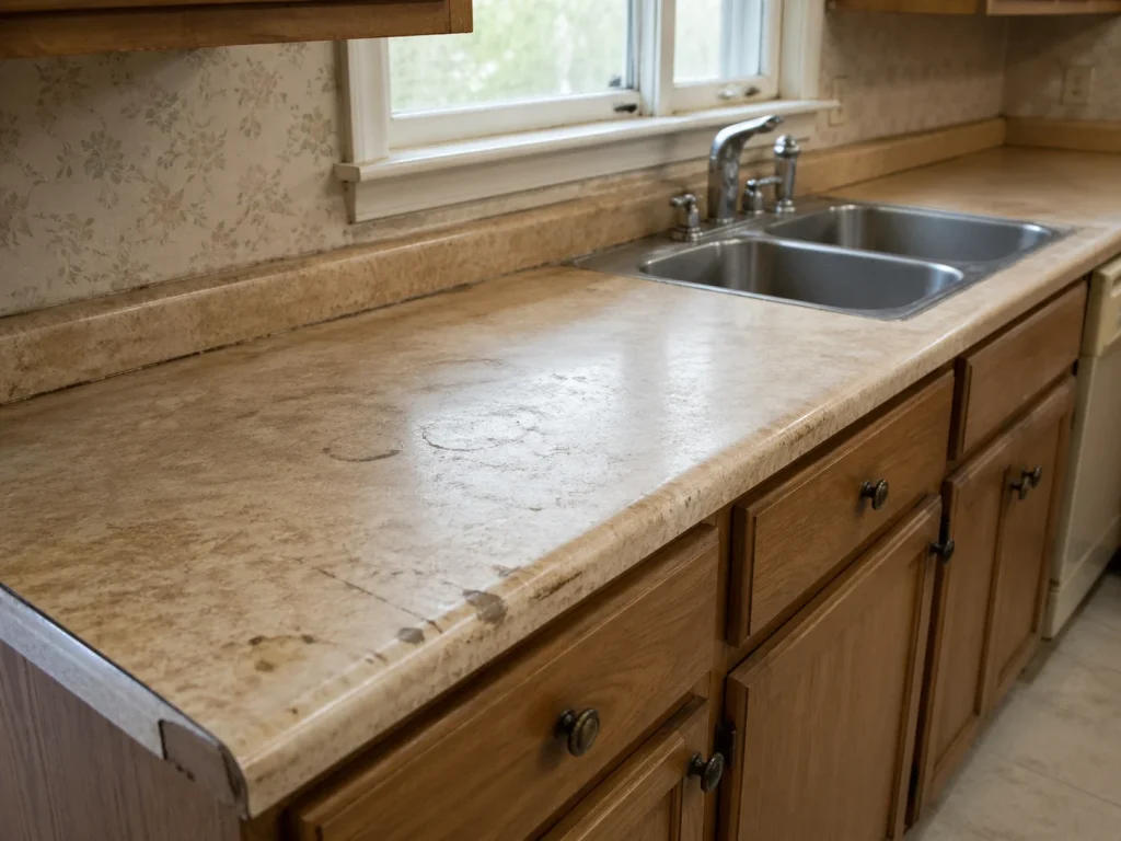 Scratched and stained countertop surface in a Cambridge home kitchen before a renovation upgrade.