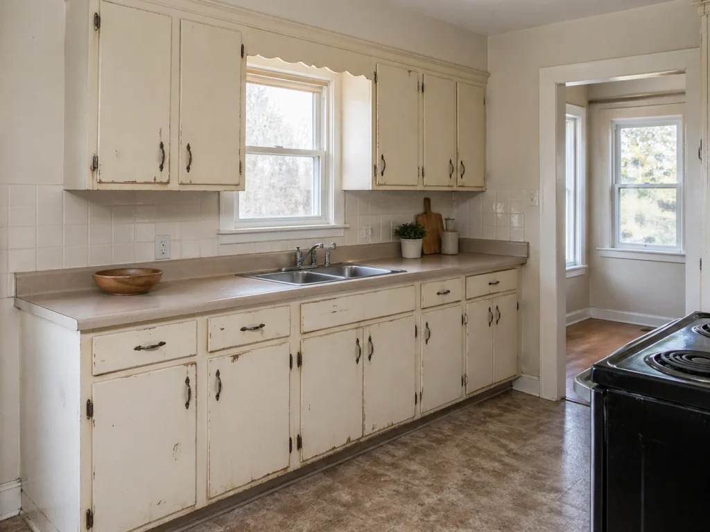 Old cabinet doors with chipped edges and faded finishes in a Cambridge kitchen needing renovation.