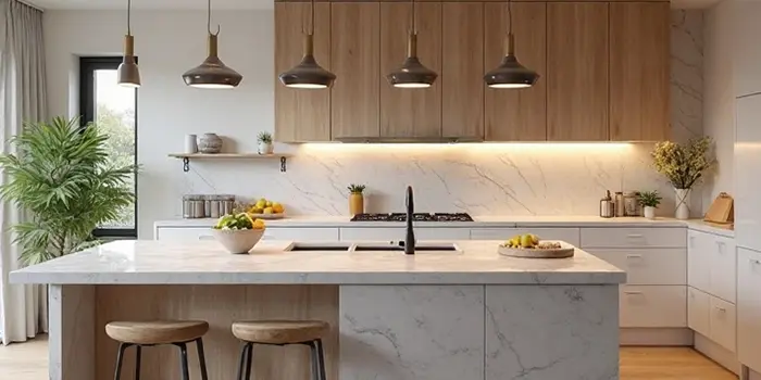 Kitchen lighting Cambridge with pendant fixtures, bright illumination, and a warm modern kitchen atmosphere.