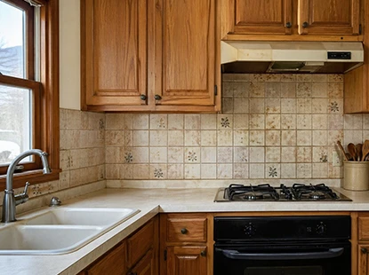 Old backsplash renovation Cambridge showing worn kitchen tiles and outdated finishes before remodeling work.