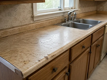 Old countertop renovation Cambridge showing scratched kitchen surfaces and outdated countertop finishes before remodeling.