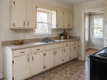 Worn kitchen cabinets renovation Cambridge showing faded cabinet surfaces and outdated kitchen storage before remodeling.