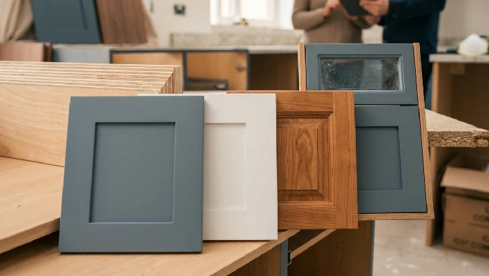 A row of sample kitchen cabinet doors in various styles and finishes. From left to right, the samples include a matte slate blue Shaker door, a classic white Shaker door, a natural oak raised-panel door, and a smaller blue sample featuring a glass insert.