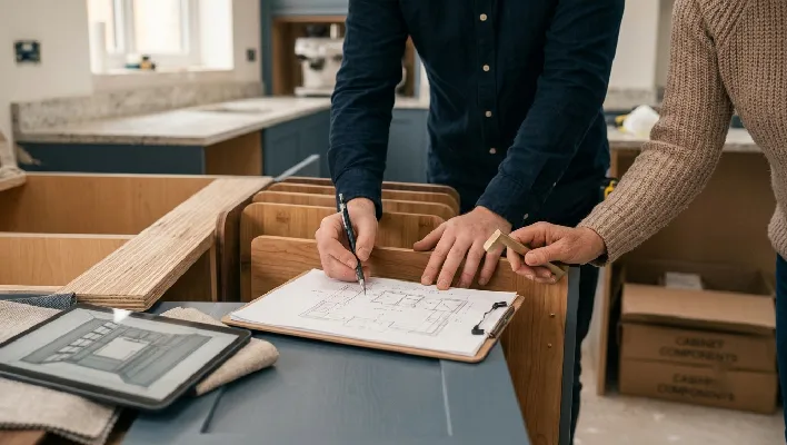 A design professional and client or contractor reviewing blueprints, hardware finishes, and a digital 3D kitchen design layout at a home renovation site.